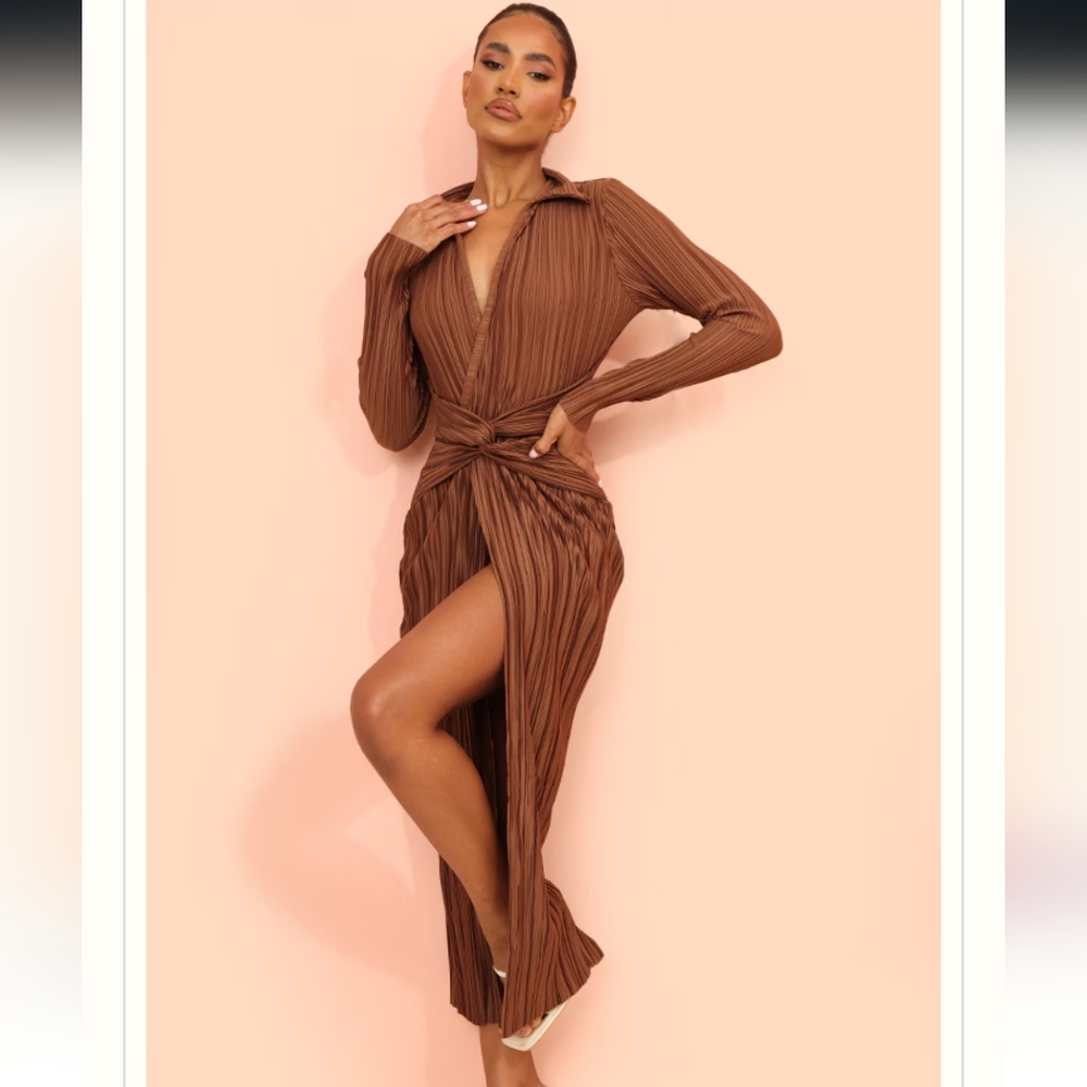 PrettyLittleThing Brown Long Sleeve Dress